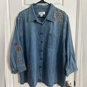 Vintage CJ Banks Denim Button-Up Shirt Blue Embroidered Floral 3/4 Sleeve Top